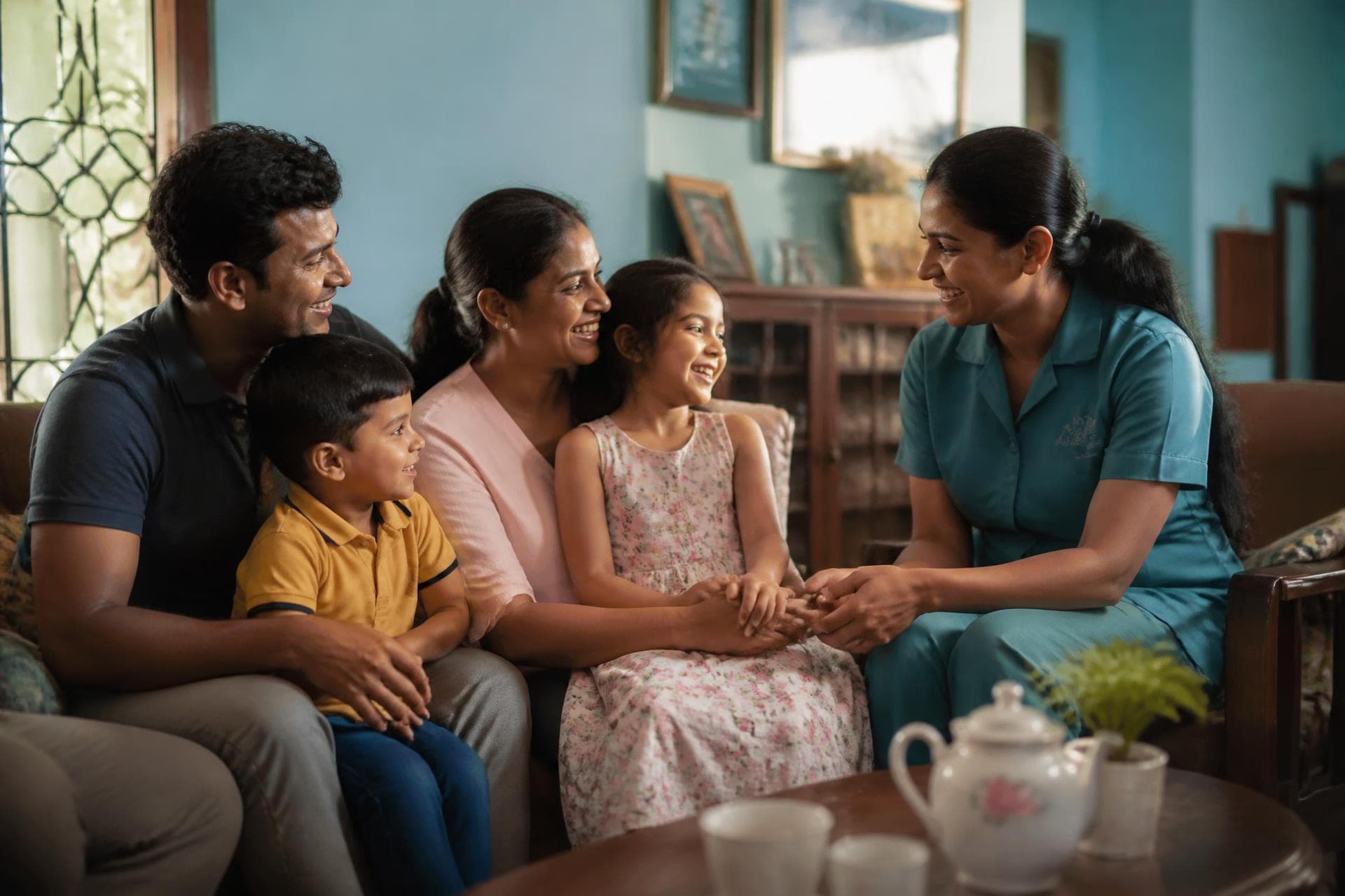 A Sri Lankan family with their caregiver